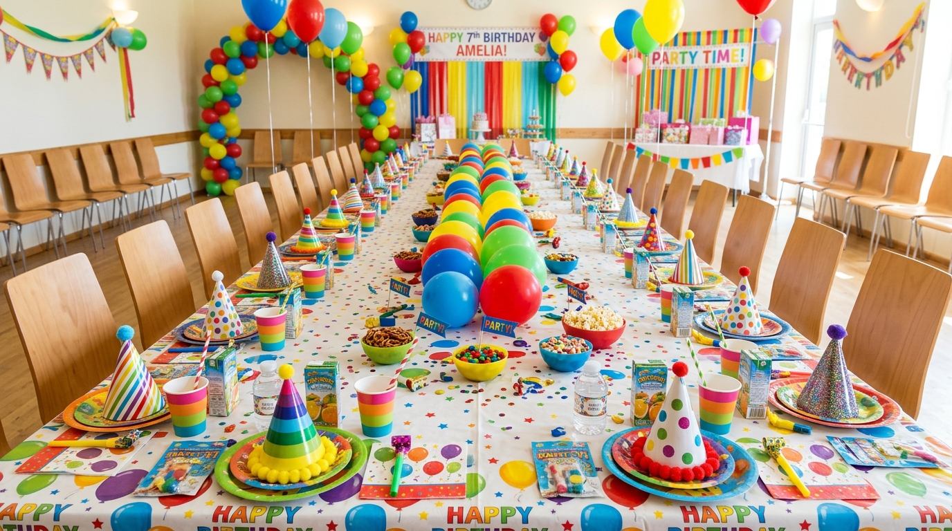 Mesa de cumpleaños decorada antes de que lleguen los niños